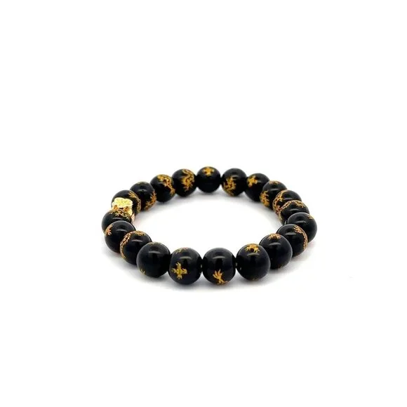 18K Gold Money Bag Black Agate Gemstones 7.5-8mm Lucky Charm Elastic Bracelet - Picture 4 of 5